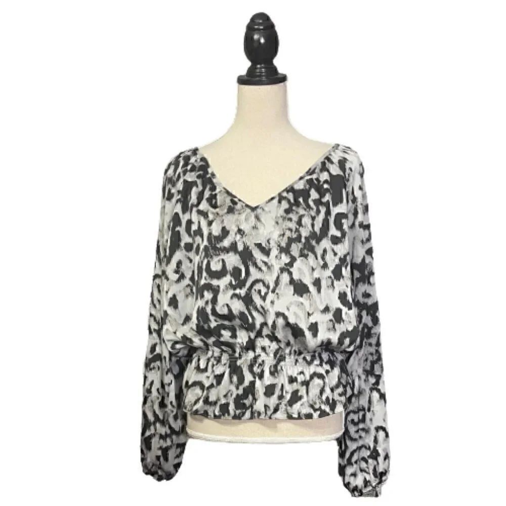 Michael Kors Gray/Black Animal Print Silky Blouse Sz L